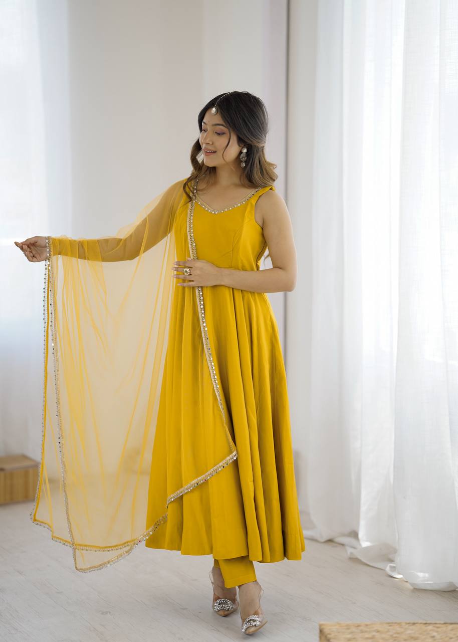Kishika Yellow Color Anarkali Suit Set [Sleeves Fabric Attached]