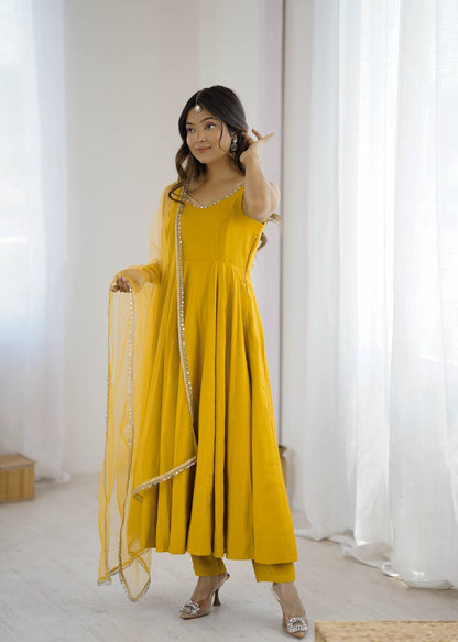 Kishika Yellow Color Anarkali Suit Set [Sleeves Fabric Attached]
