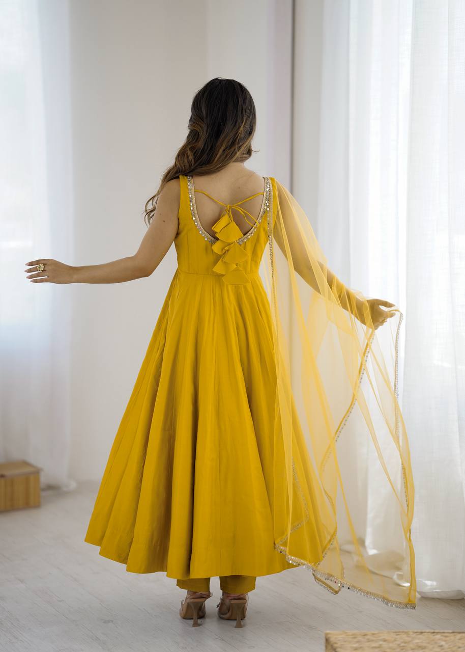 Kishika Yellow Color Anarkali Suit Set [Sleeves Fabric Attached]