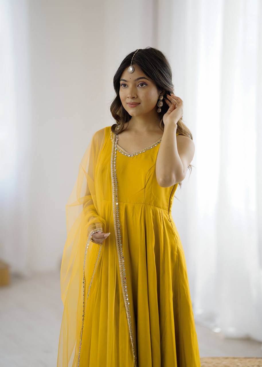 Kishika Yellow Color Anarkali Suit Set [Sleeves Fabric Attached]