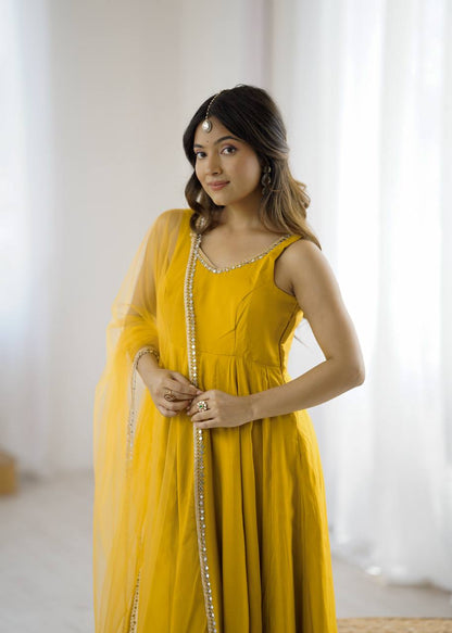 Kishika Yellow Color Anarkali Suit Set [Sleeves Fabric Attached]