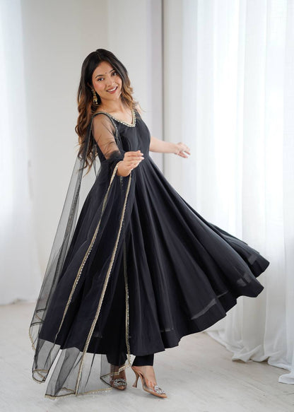 Kiyara Black Color Anarkali Suit Set [Sleeves Fabric Attached]
