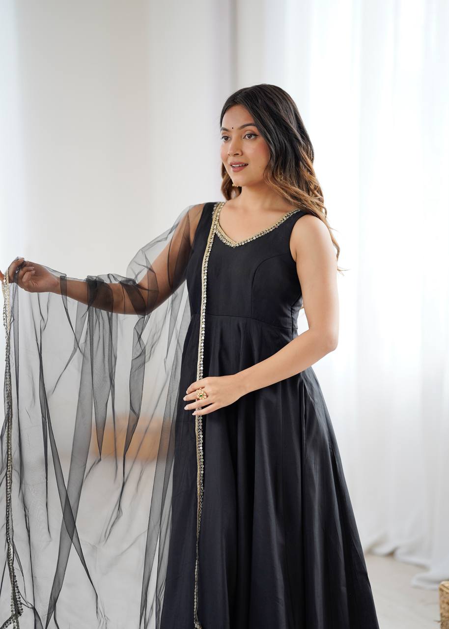 Kiyara Black Color Anarkali Suit Set [Sleeves Fabric Attached]
