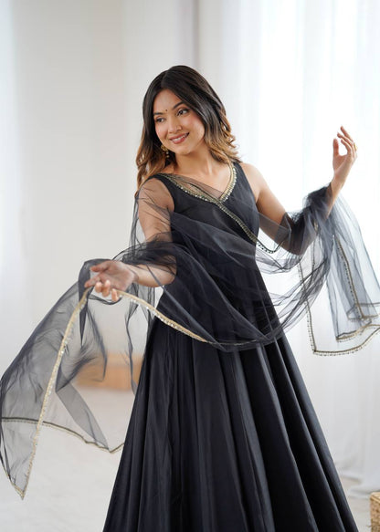 Kiyara Black Color Anarkali Suit Set [Sleeves Fabric Attached]