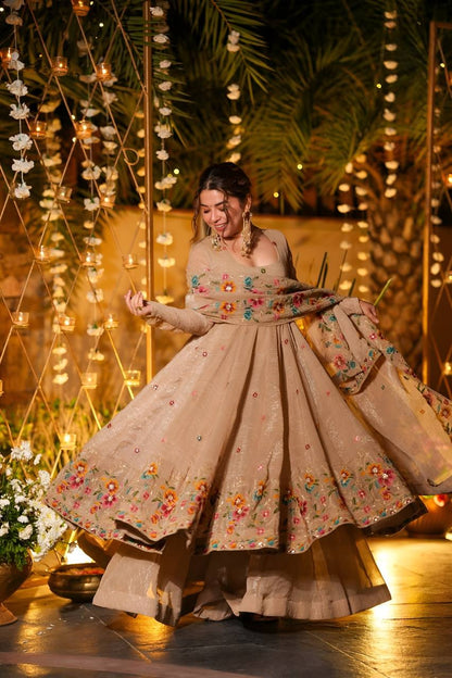 Beige Shades Crunchy Silk Anarkali Plazo Suit Set