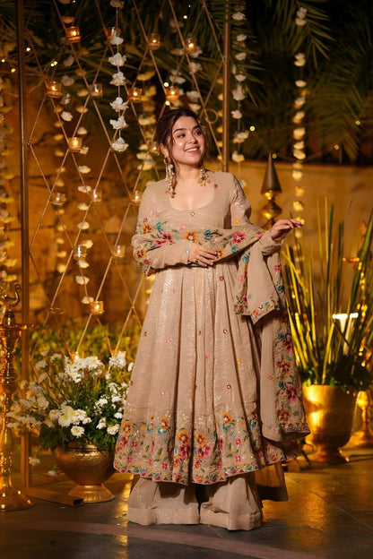 Beige Shades Crunchy Silk Anarkali Plazo Suit Set