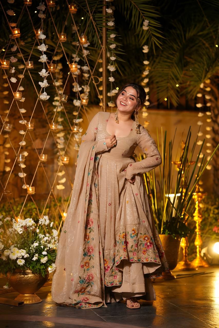 Beige Shades Crunchy Silk Anarkali Plazo Suit Set