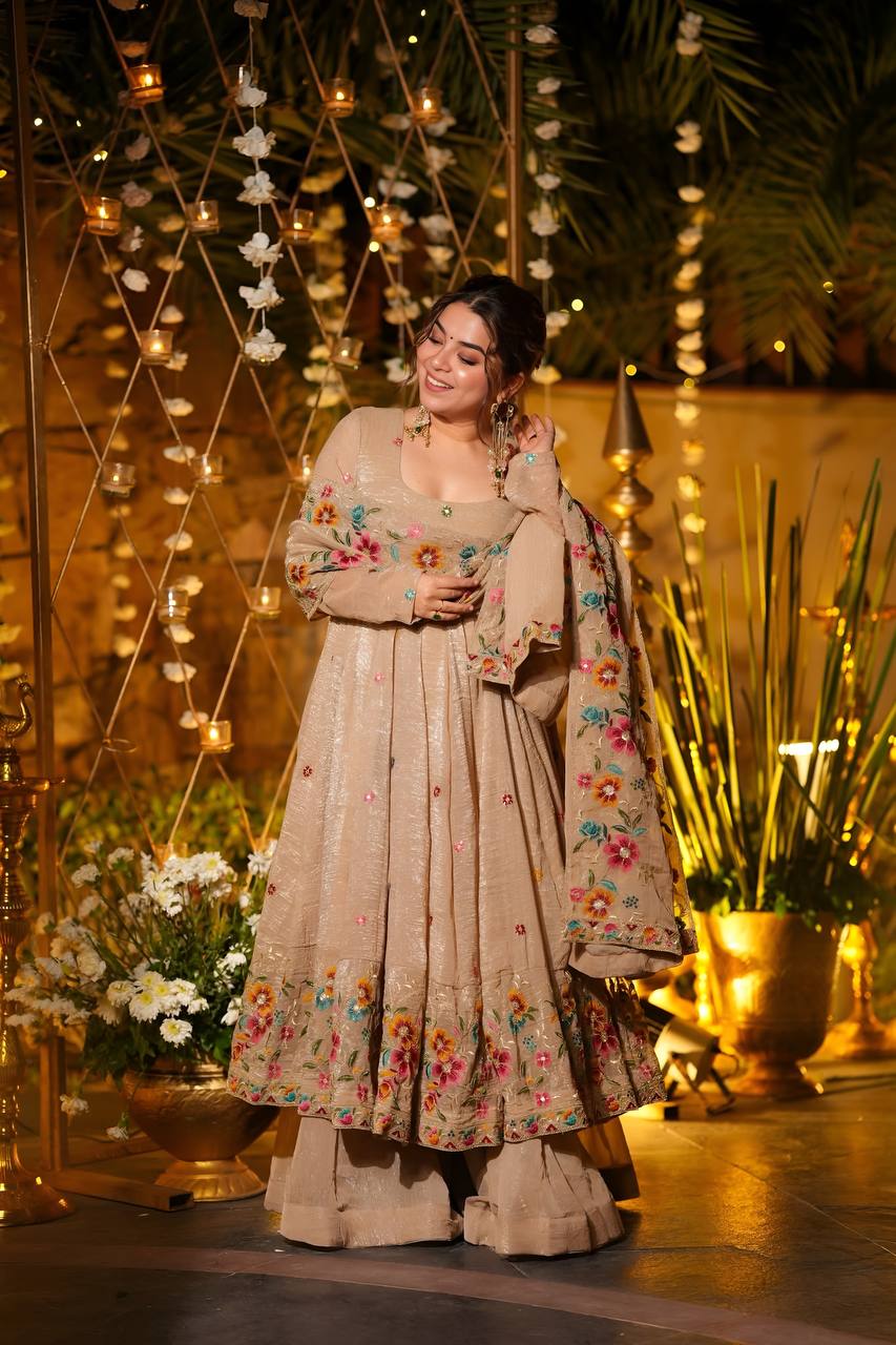 Beige Shades Crunchy Silk Anarkali Plazo Suit Set
