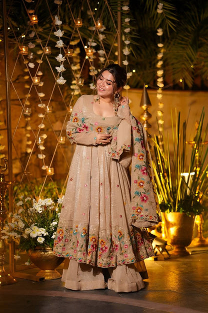 Beige Shades Crunchy Silk Anarkali Plazo Suit Set