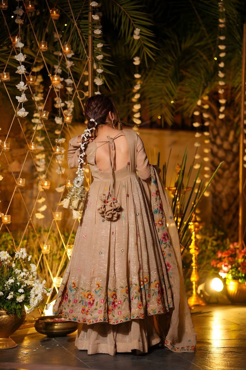 Beige Shades Crunchy Silk Anarkali Plazo Suit Set