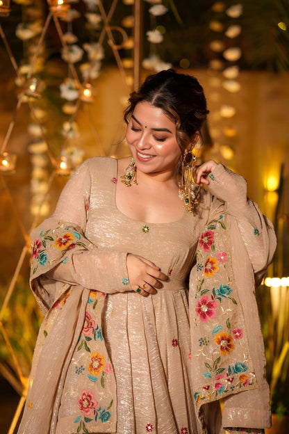 Beige Shades Crunchy Silk Anarkali Plazo Suit Set