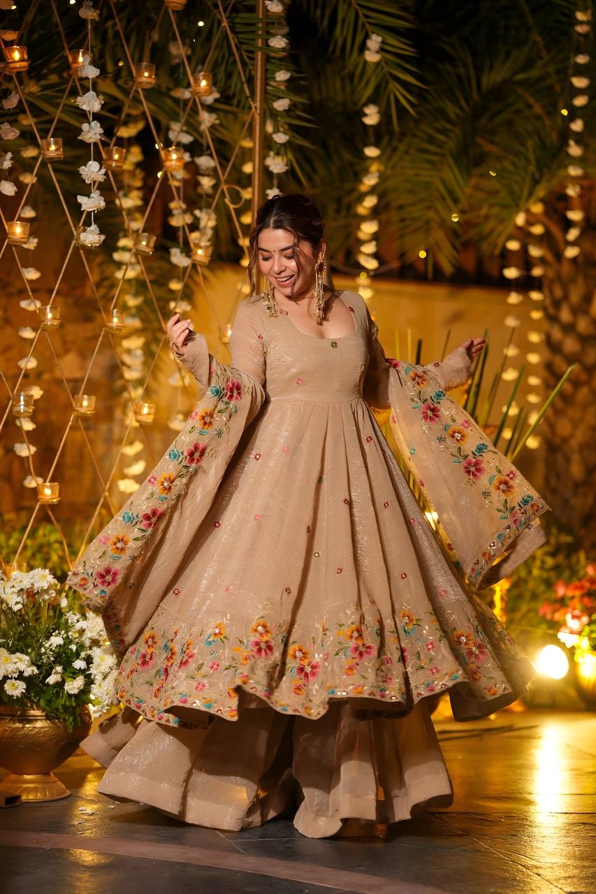 Beige Shades Crunchy Silk Anarkali Plazo Suit Set