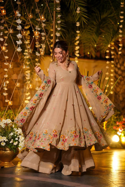 Beige Shades Crunchy Silk Anarkali Plazo Suit Set