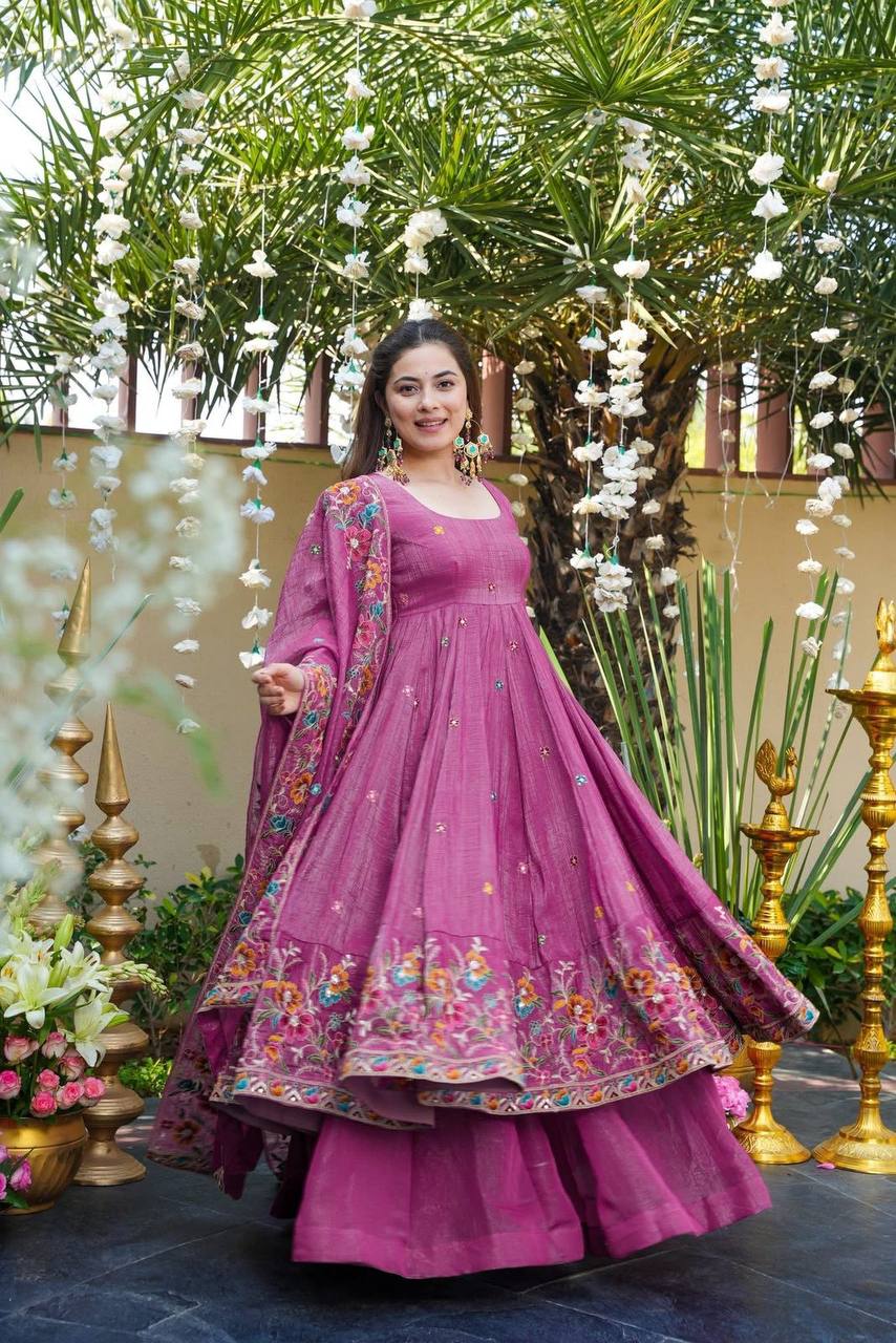 Beige Shades Crunchy Silk Anarkali Plazo Suit Set