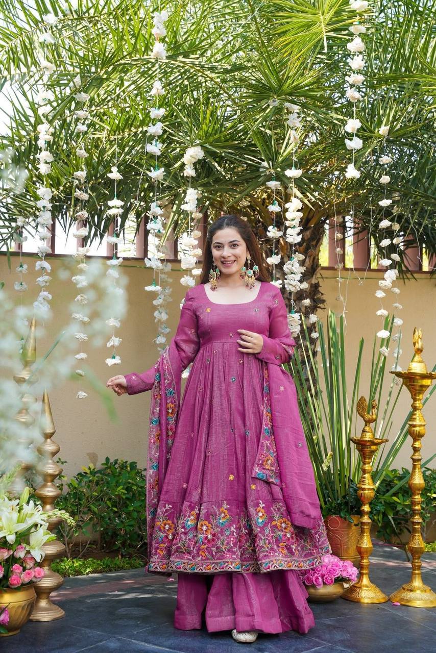 Beige Shades Crunchy Silk Anarkali Plazo Suit Set