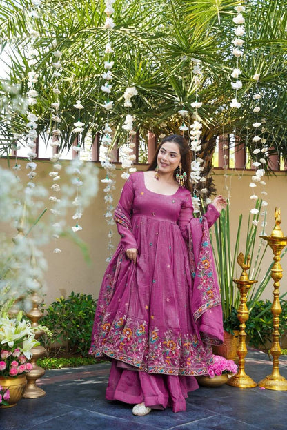 Beige Shades Crunchy Silk Anarkali Plazo Suit Set