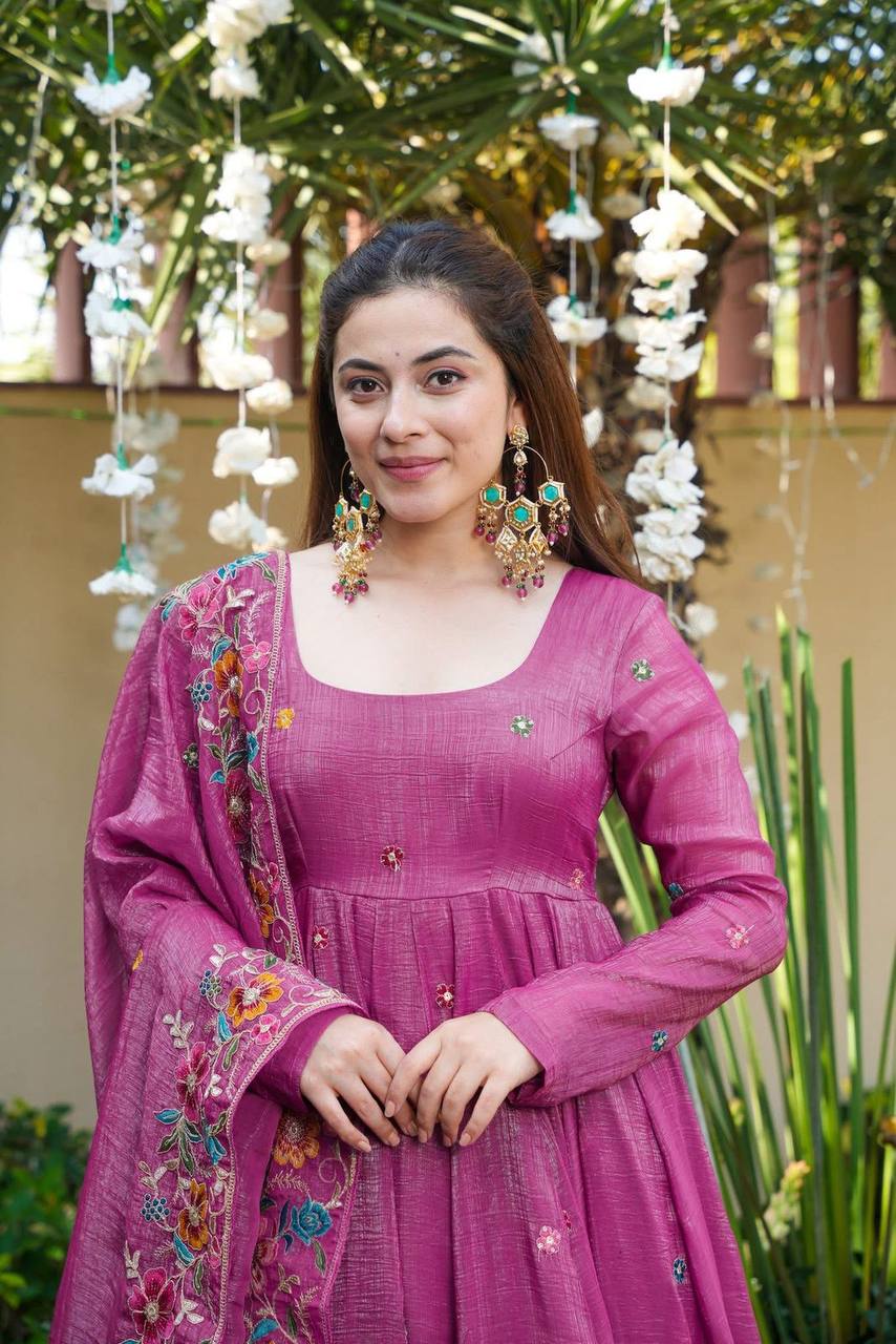 Beige Shades Crunchy Silk Anarkali Plazo Suit Set