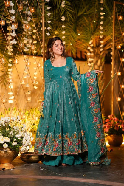 Beige Shades Crunchy Silk Anarkali Plazo Suit Set