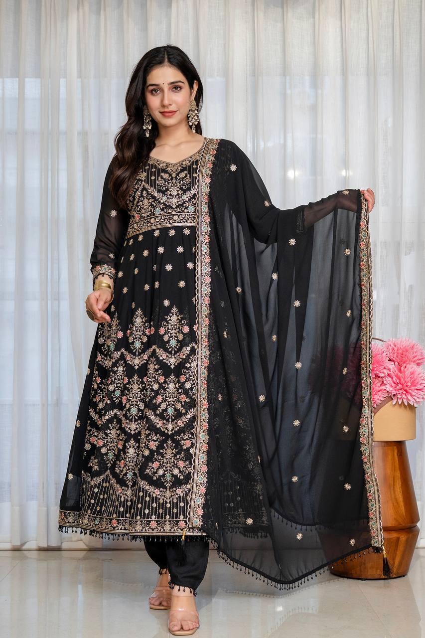 Noir Elegance Designer Anarkali with Dupatta Suit Set