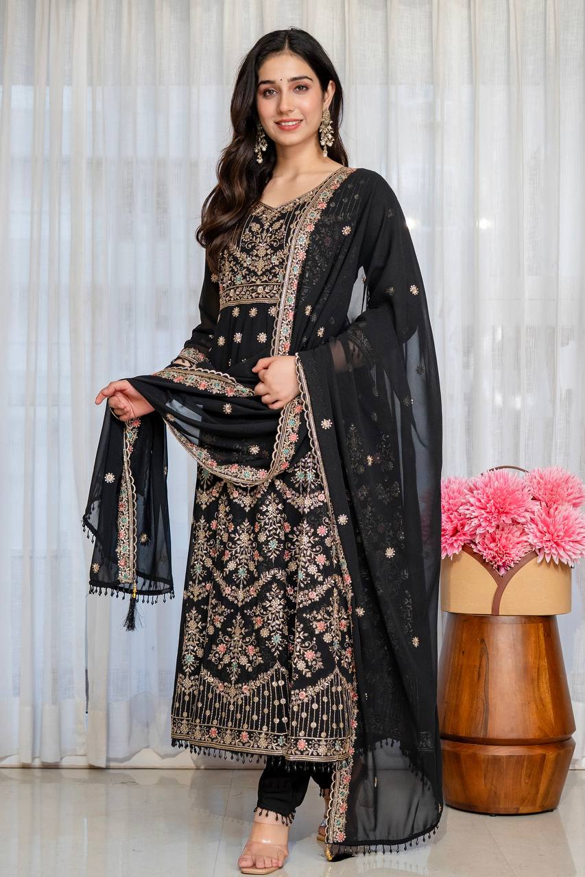 Noir Elegance Designer Anarkali with Dupatta Suit Set