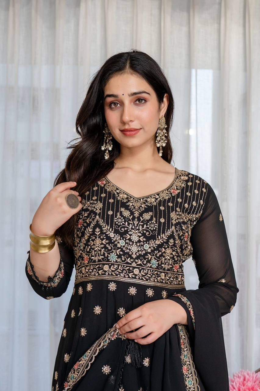 Noir Elegance Designer Anarkali with Dupatta Suit Set