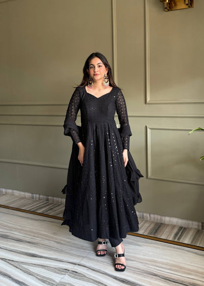 Black Luxe Lucknowi Sequence Anarkali Suit Set