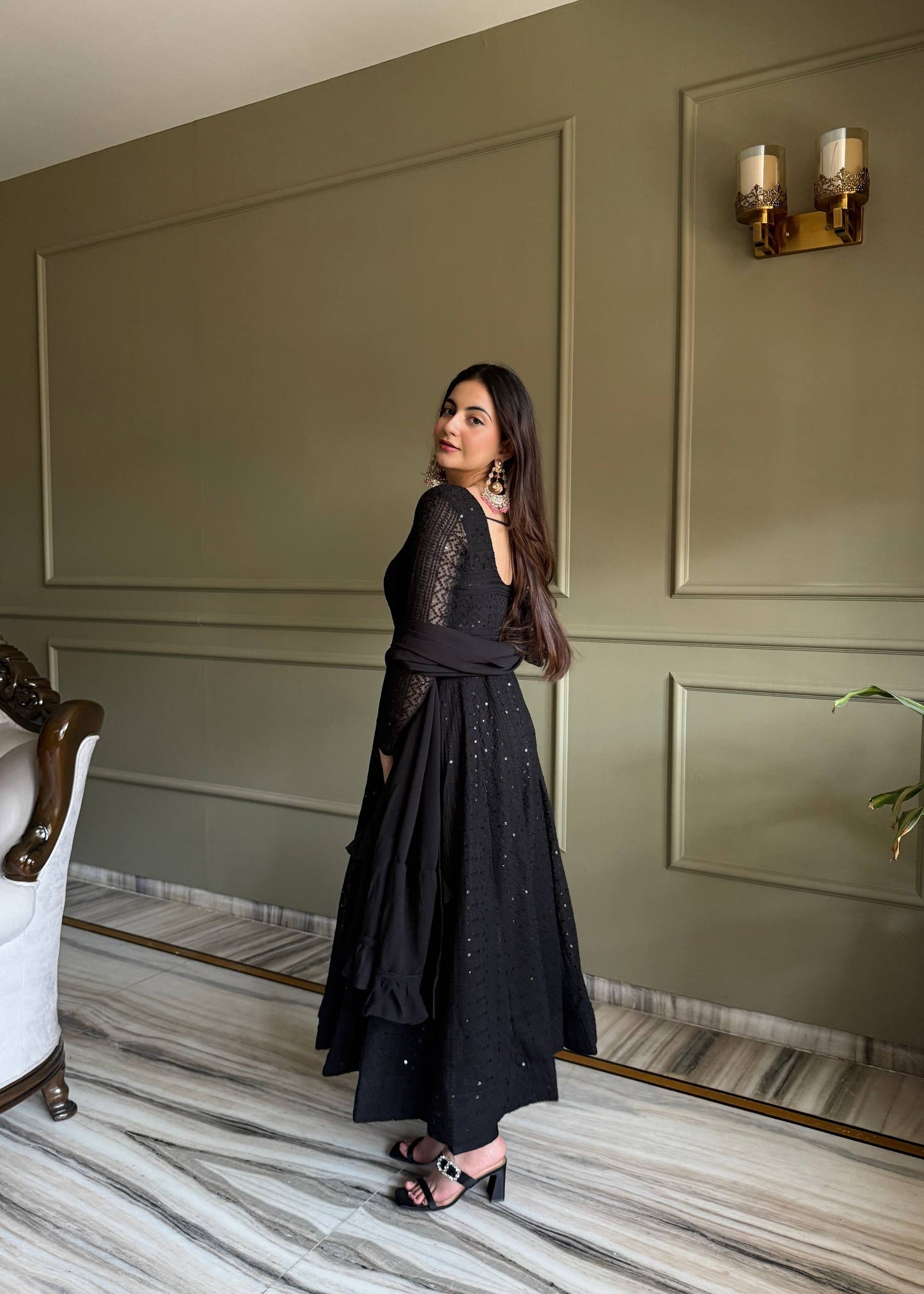 Black Luxe Lucknowi Sequence Anarkali Suit Set