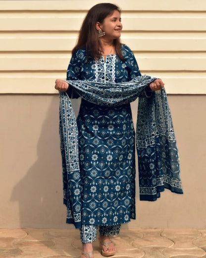 Hand Blocked Batik  Kurti Pant Dupatta Set (Stitched)