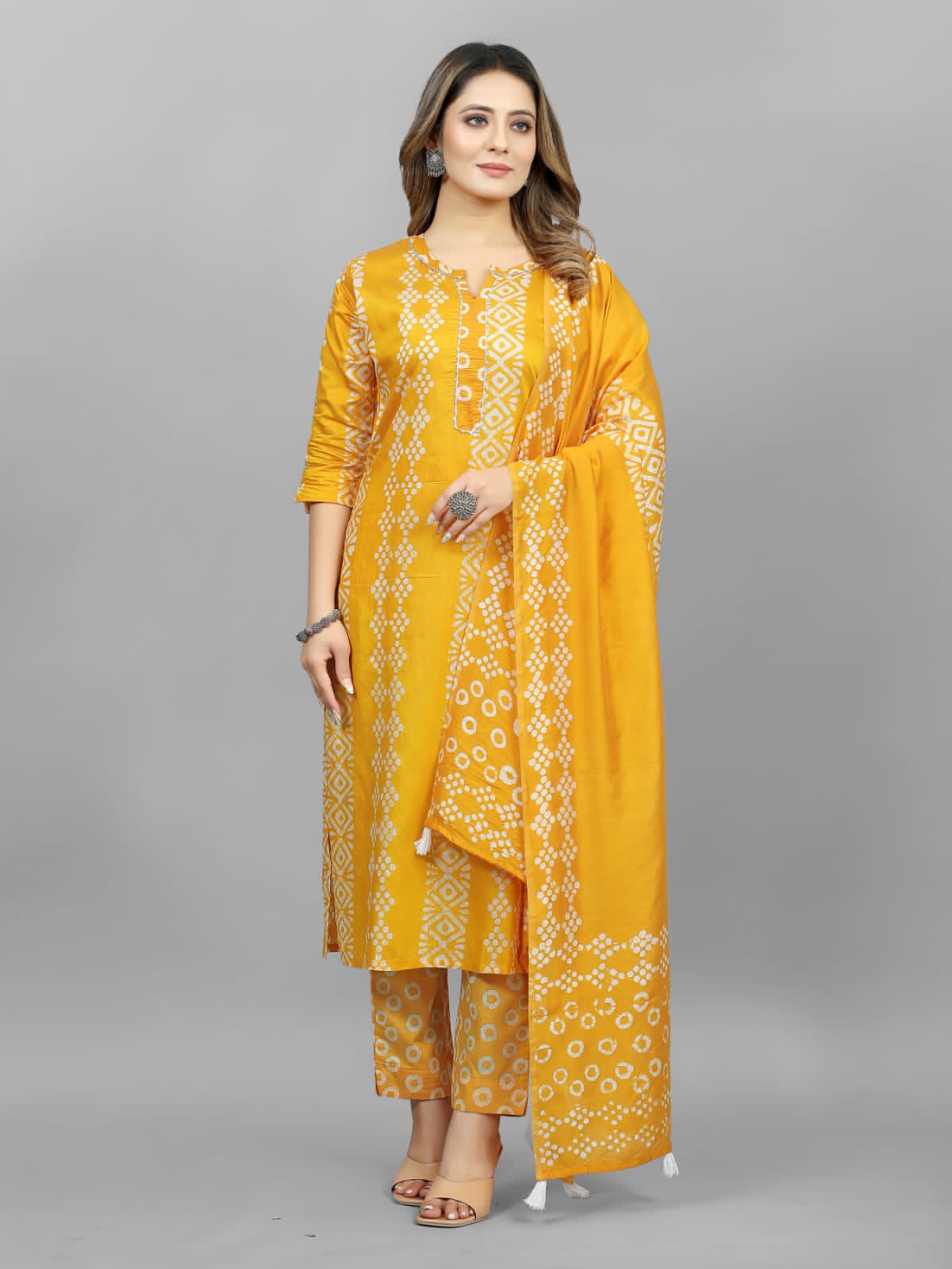 Hand Blocked Batik  Kurti Pant Dupatta Set (Stitched)