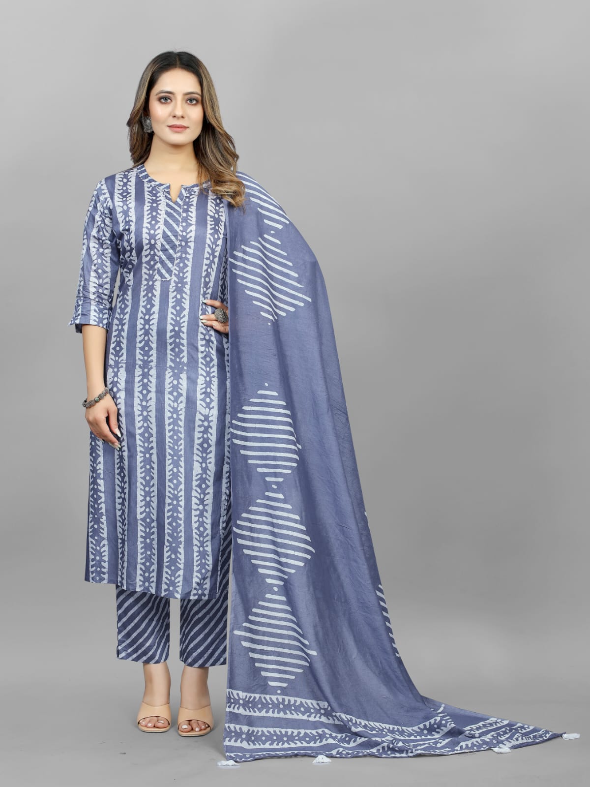 Hand Blocked Batik  Kurti Pant Dupatta Set (Stitched)