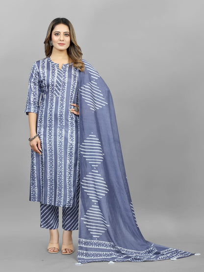 Hand Blocked Batik  Kurti Pant Dupatta Set (Stitched)