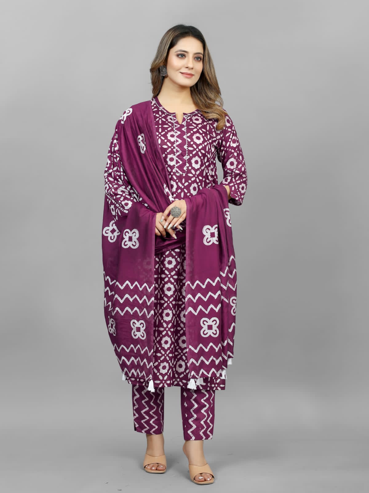 Hand Blocked Batik  Kurti Pant Dupatta Set (Stitched)