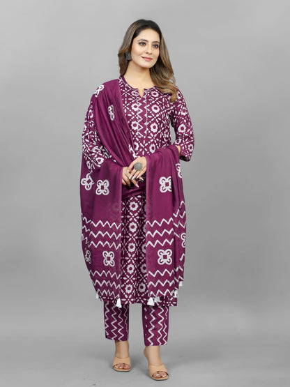 Hand Blocked Batik  Kurti Pant Dupatta Set (Stitched)