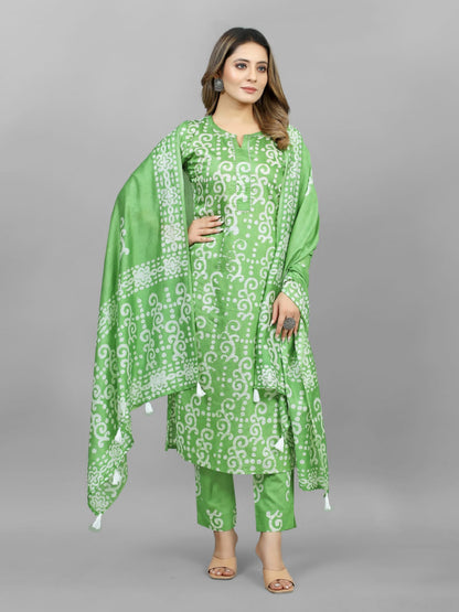 Hand Blocked Batik  Kurti Pant Dupatta Set (Stitched)