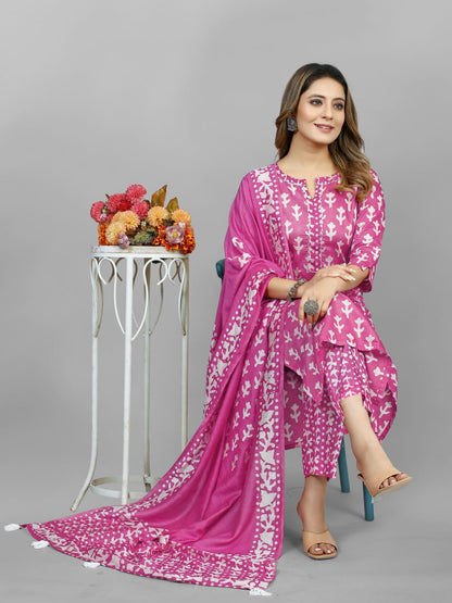 Hand Blocked Batik  Kurti Pant Dupatta Set (Stitched)