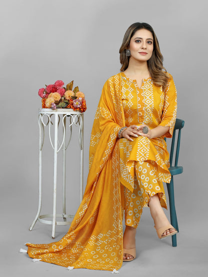 Hand Blocked Batik  Kurti Pant Dupatta Set (Stitched)