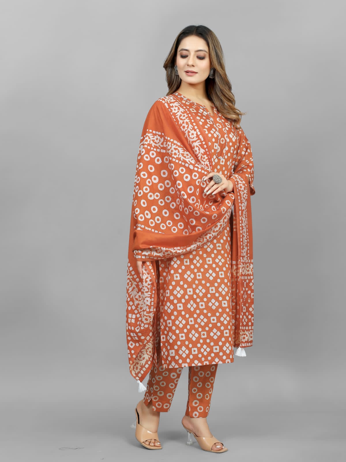 Hand Blocked Batik  Kurti Pant Dupatta Set (Stitched)