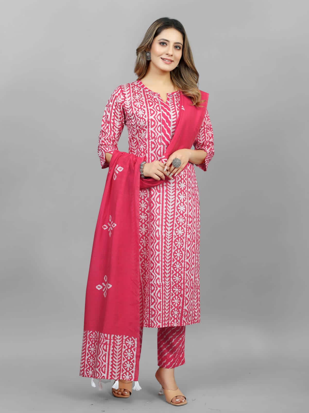 Hand Blocked Batik  Kurti Pant Dupatta Set (Stitched)