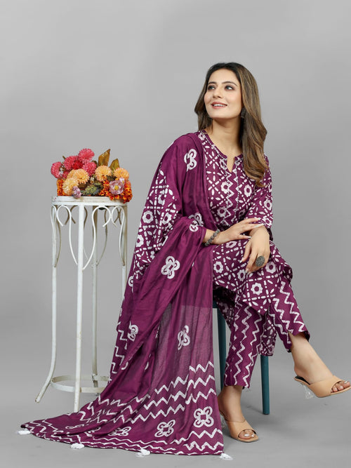Hand Blocked Batik  Kurti Pant Dupatta Set (Stitched)