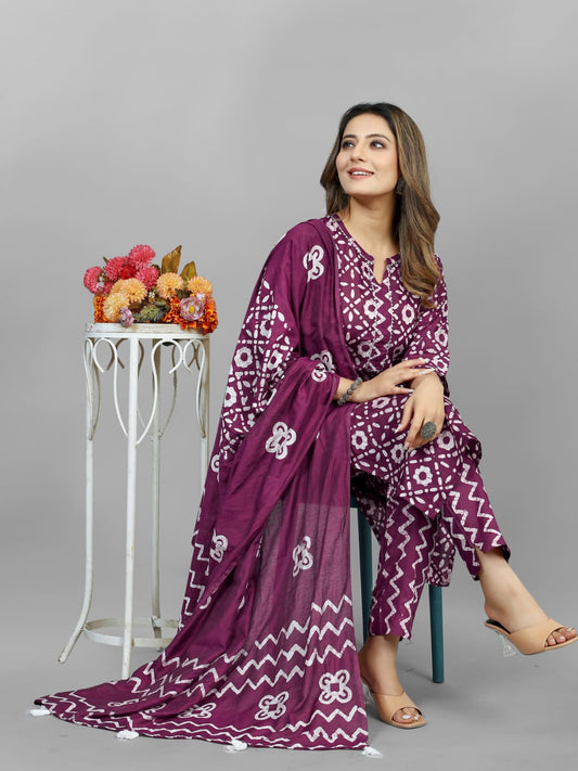 Hand Blocked Batik  Kurti Pant Dupatta Set (Stitched)