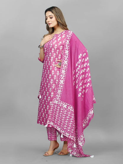 Hand Blocked Batik  Kurti Pant Dupatta Set (Stitched)