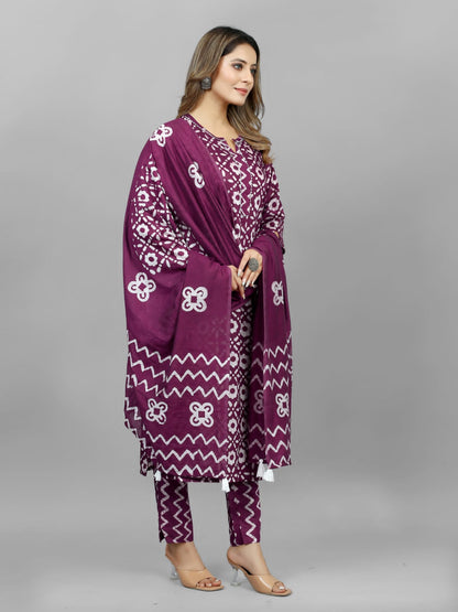 Hand Blocked Batik  Kurti Pant Dupatta Set (Stitched)