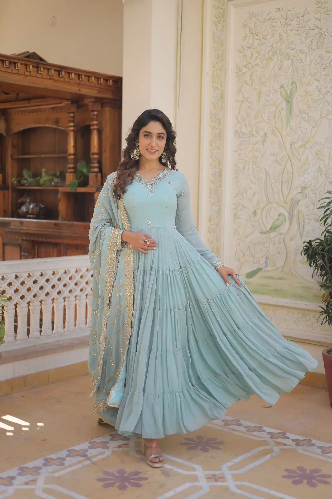 Faux Georgette seqence work Gown Dupatta Set