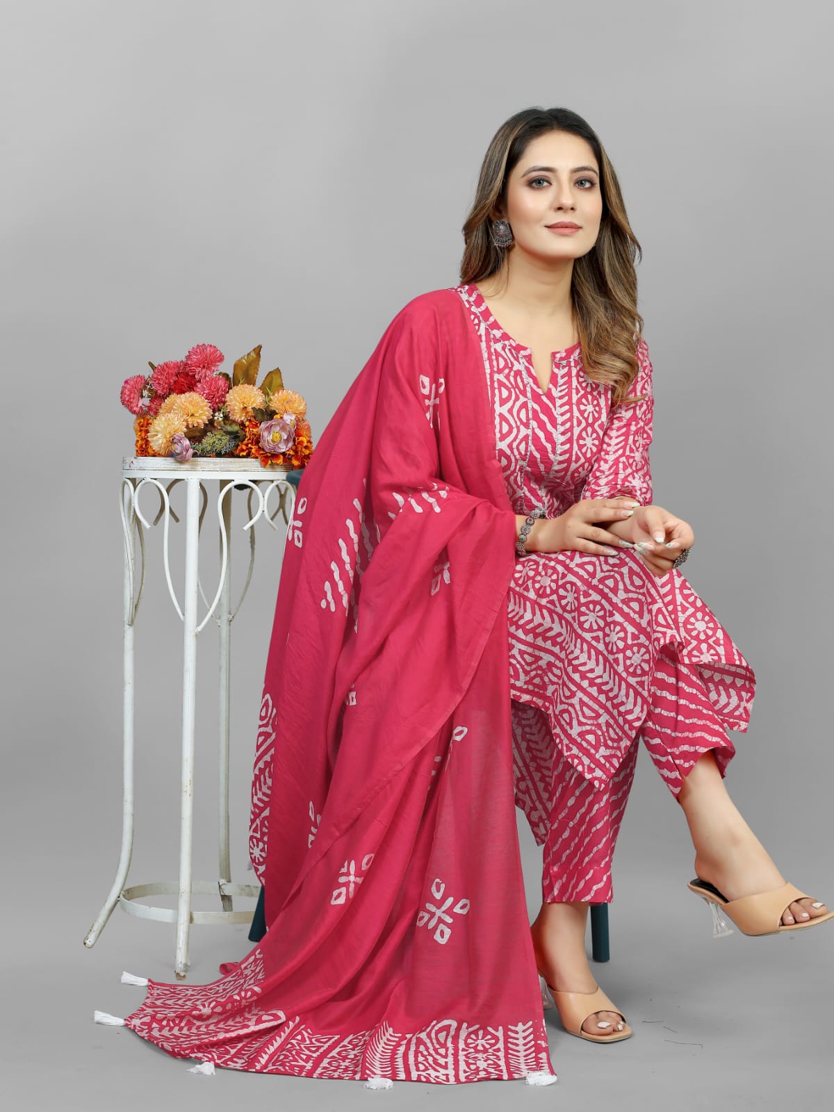 Hand Blocked Batik  Kurti Pant Dupatta Set (Stitched)