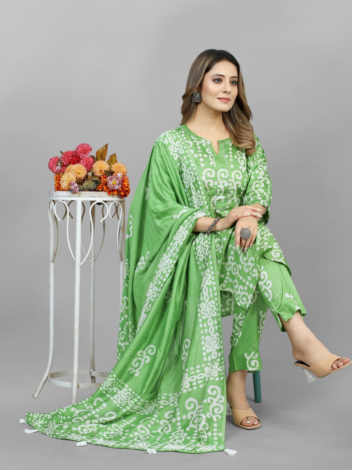 Hand Blocked Batik  Kurti Pant Dupatta Set (Stitched)