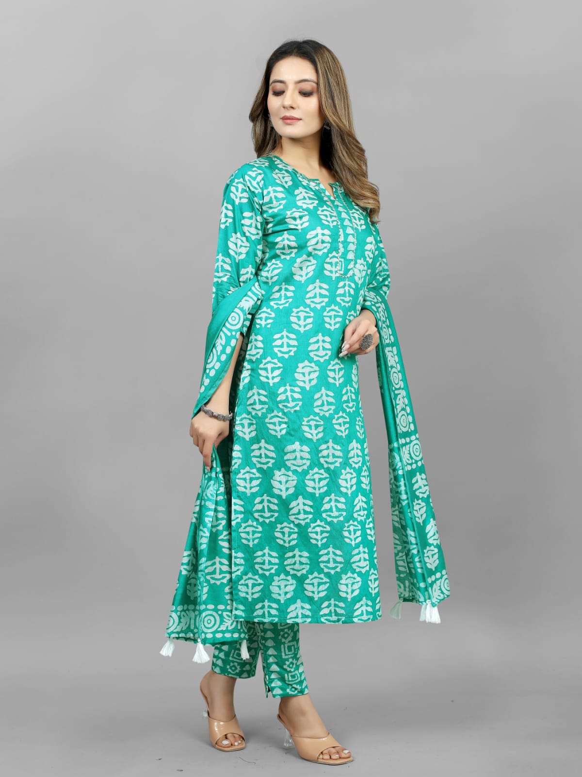 Hand Blocked Batik  Kurti Pant Dupatta Set (Stitched)