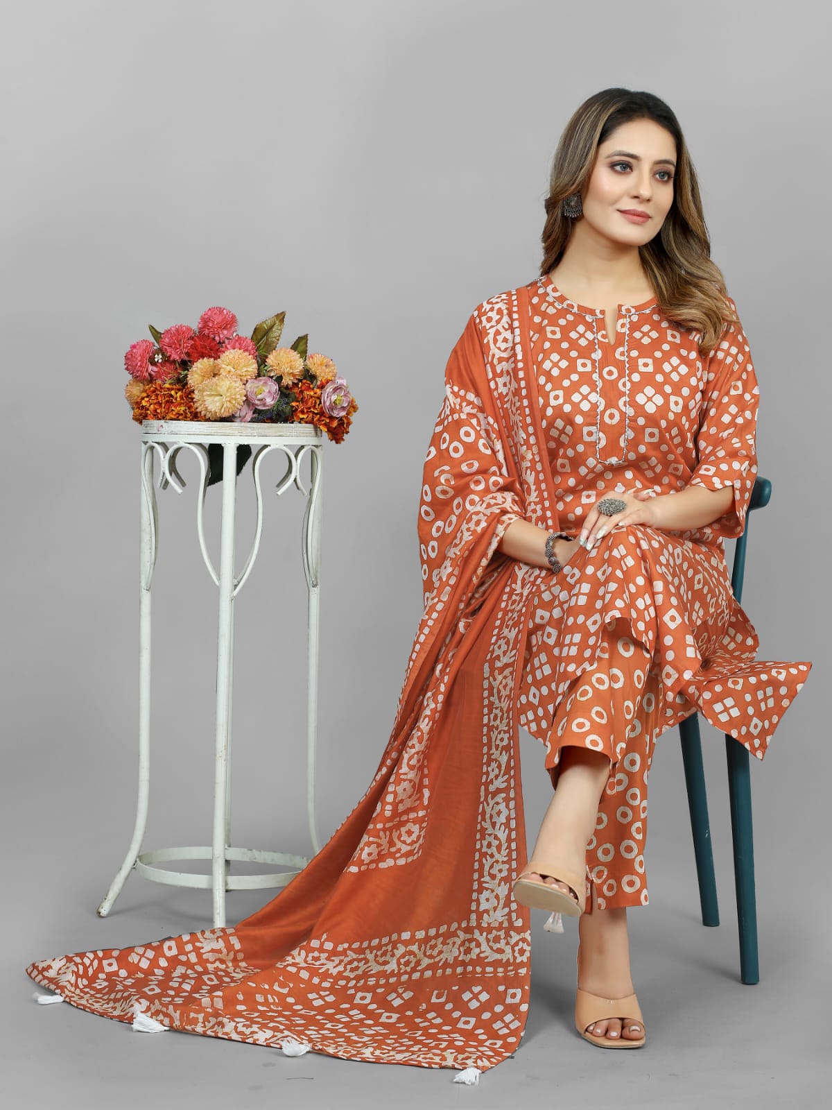 Hand Blocked Batik  Kurti Pant Dupatta Set (Stitched)